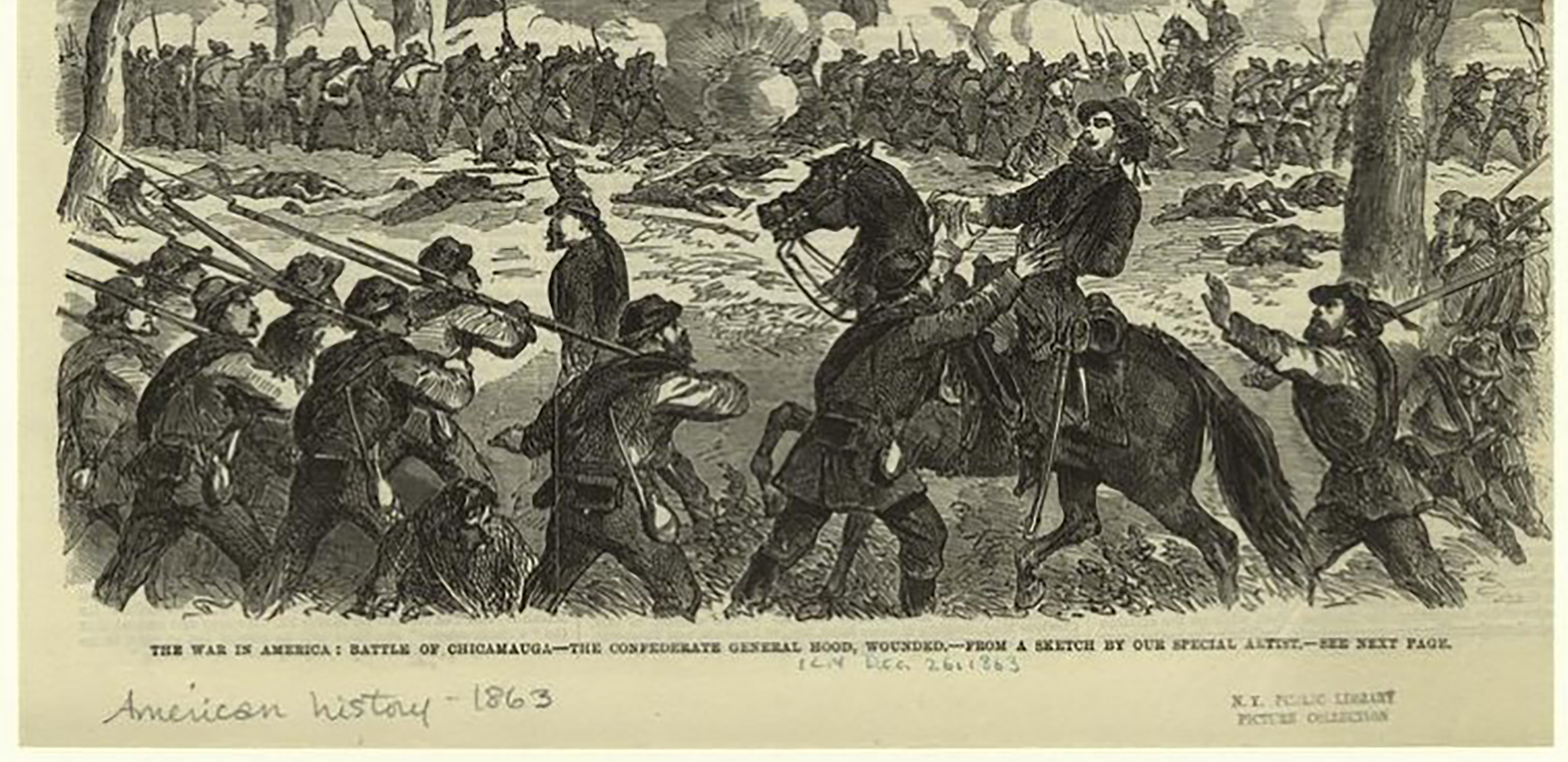 Black and white drawing of soldiers in a battle during the civil war.