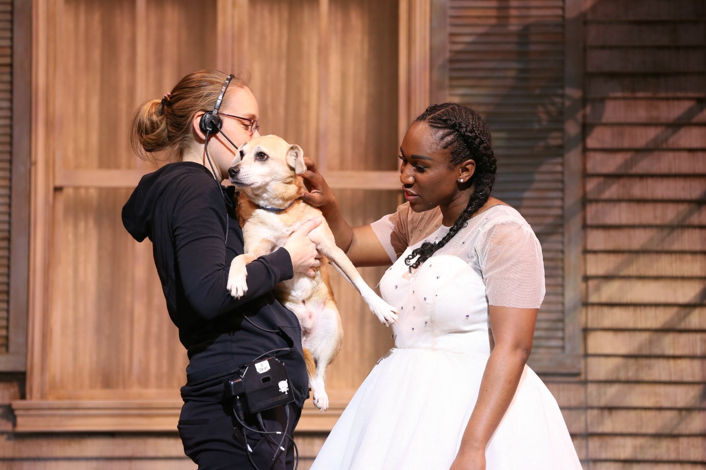 A woman in a white dress plays with a dog being held by a woman in black.