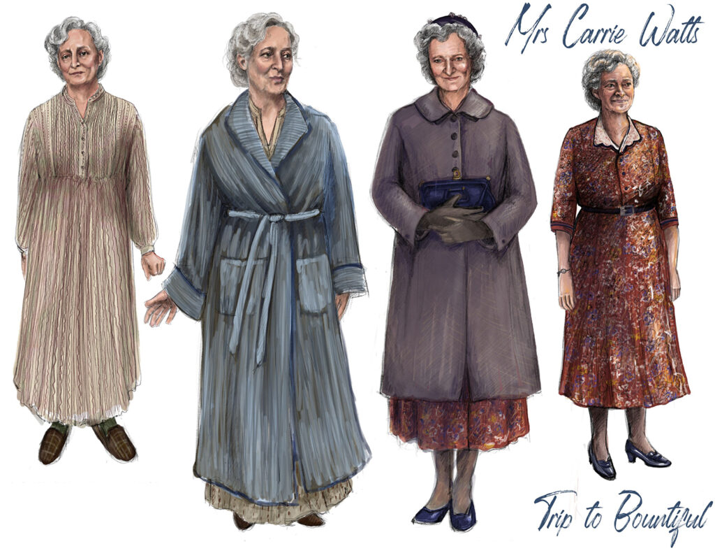 Four sketches of costumes for the character of Mrs. Carrie Watts from The Trip to Bountiful.