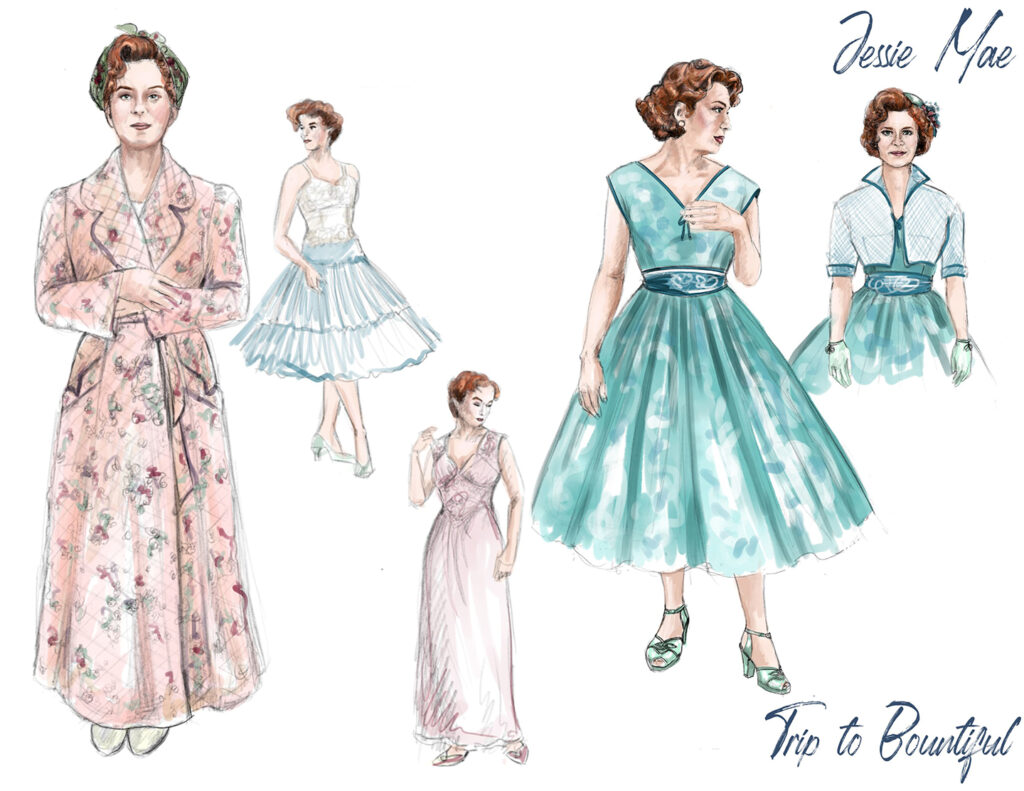 Five sketches of costumes for the character Jessie Mae from The Trip to Bountiful.