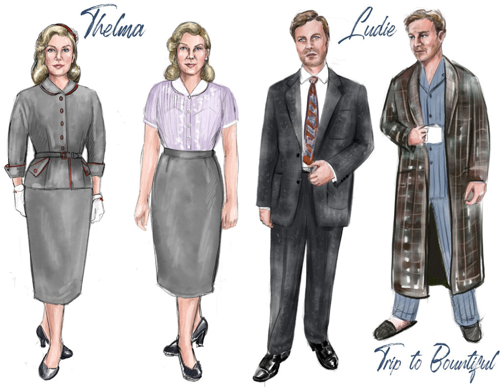Four sketches of the costumes for the characters Thelma and Ludie from The Trip to Bountiful.