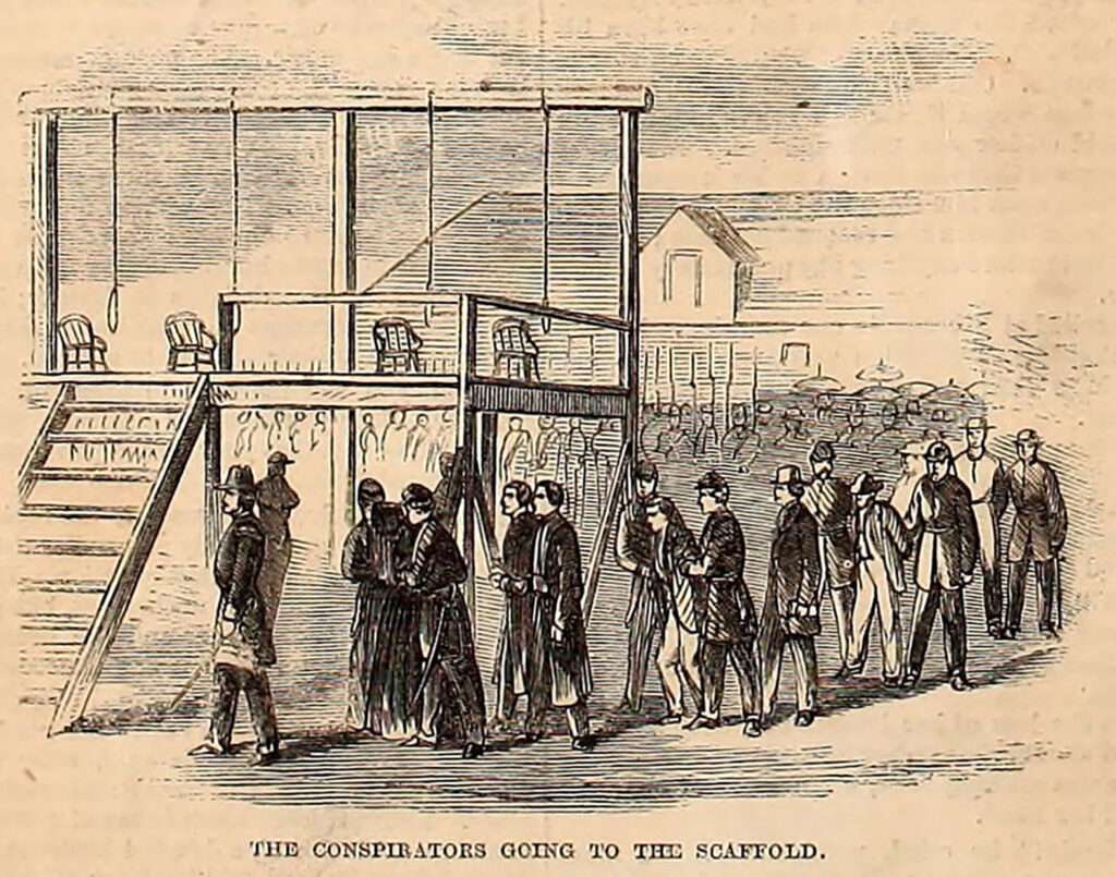 A drawing of soldiers leading people to a gallows. A caption reads "The conspirators going to the scaffold."