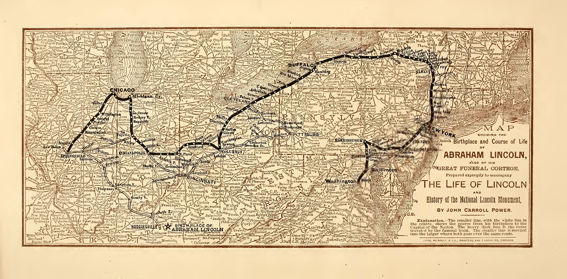 Sepia toned map of the eastern United States from the coast to Illinois. The route of President Lincoln's funeral trail has been marked out.