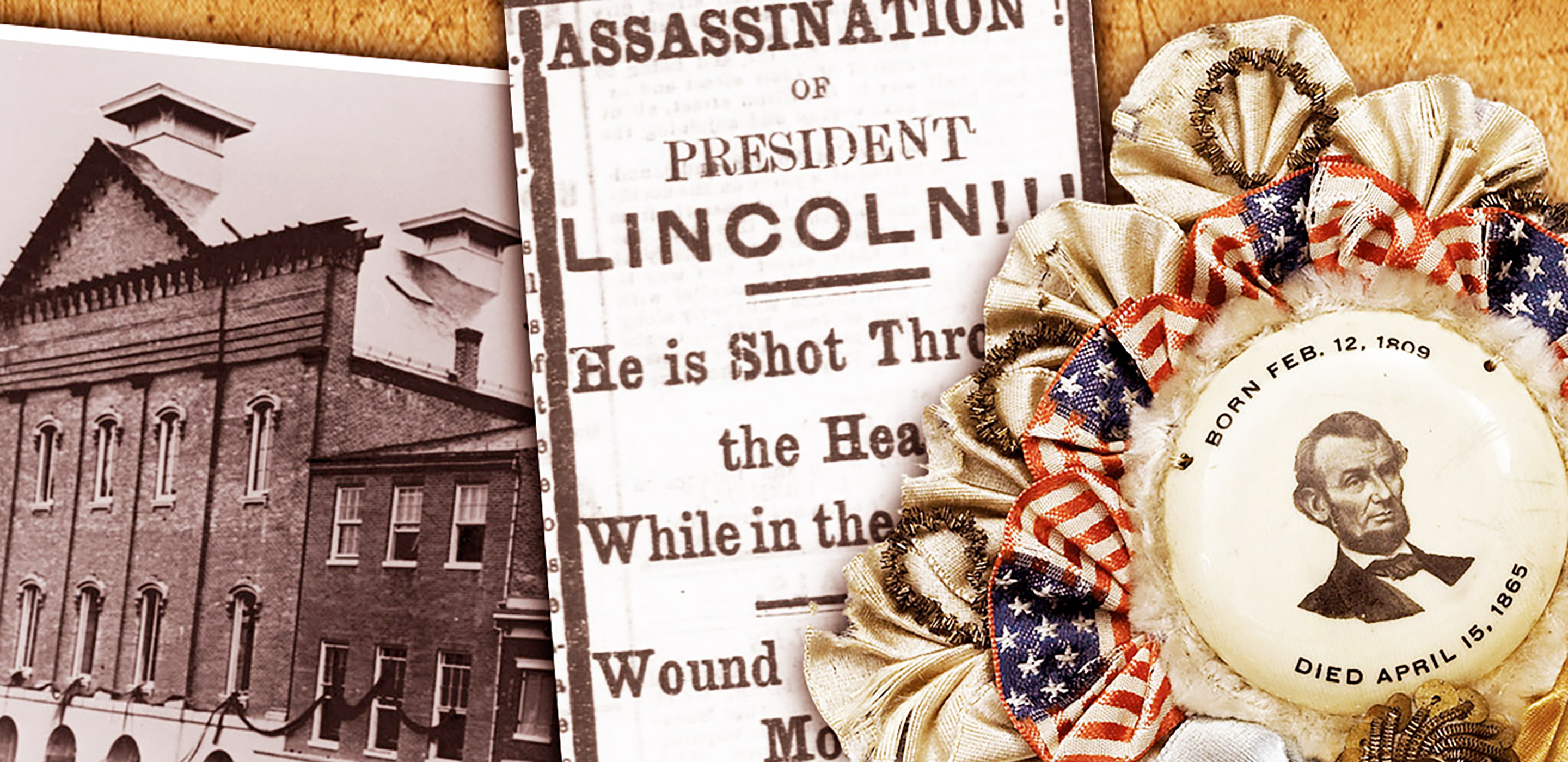 A collage of photographs, newspapers and memorabilia related the death of Abraham Lincoln.